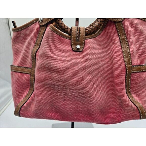 Fossil Pink Canvas Tote Bag W/ Braided Leather Handles & Striped Interior - Picture 1 of 11